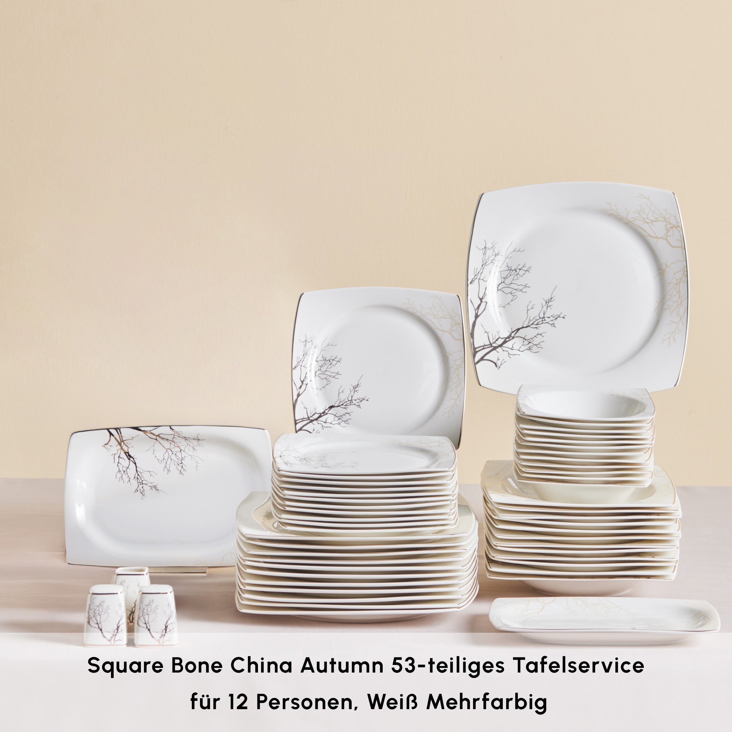 Karaca Square Bone China Autumn 53-Piece Dinner Set for 12 People, Whi