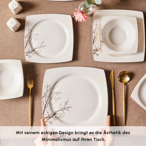 Karaca Square Bone China Autumn 53-teiliges Tafelservice für 12 Personen, Weiß Mehrfarbig