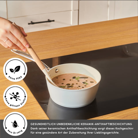 Karaca Swiss Crystal Almond Cream Stielkasserolle mit Edelstahlgriff 18 cm