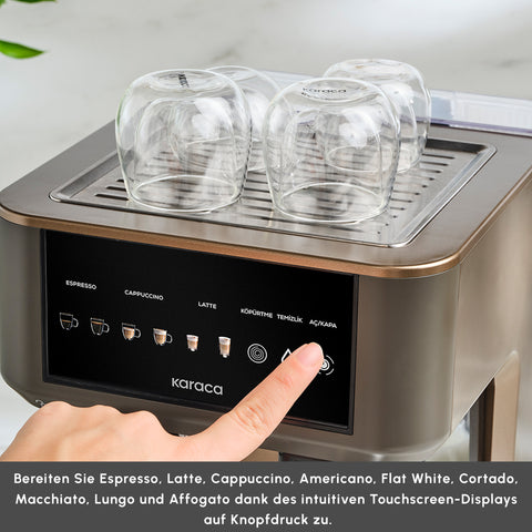 Karaca MyCaffe Barista S10 Automatic Espresso, Latte &amp; Cappuccino Machine with Integrated Milk Tank – Walnut Brown