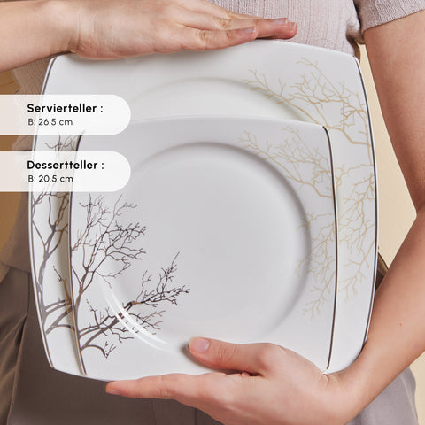 Karaca Square Bone China Autumn 53-teiliges Tafelservice für 12 Personen, Weiß Mehrfarbig