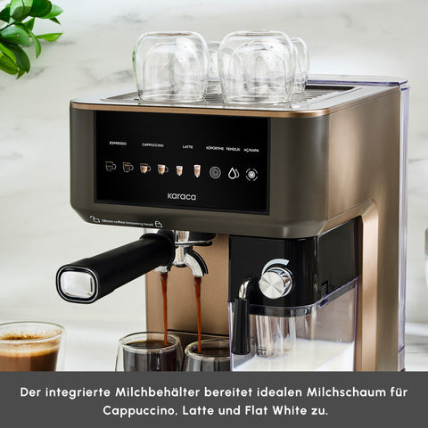 Karaca MyCaffe Barista S10 Automatic Espresso, Latte &amp; Cappuccino Machine with Integrated Milk Tank – Walnut Brown