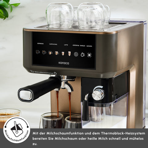 Karaca MyCaffe Barista S10 Automatic Espresso, Latte &amp; Cappuccino Machine with Integrated Milk Tank – Walnut Brown
