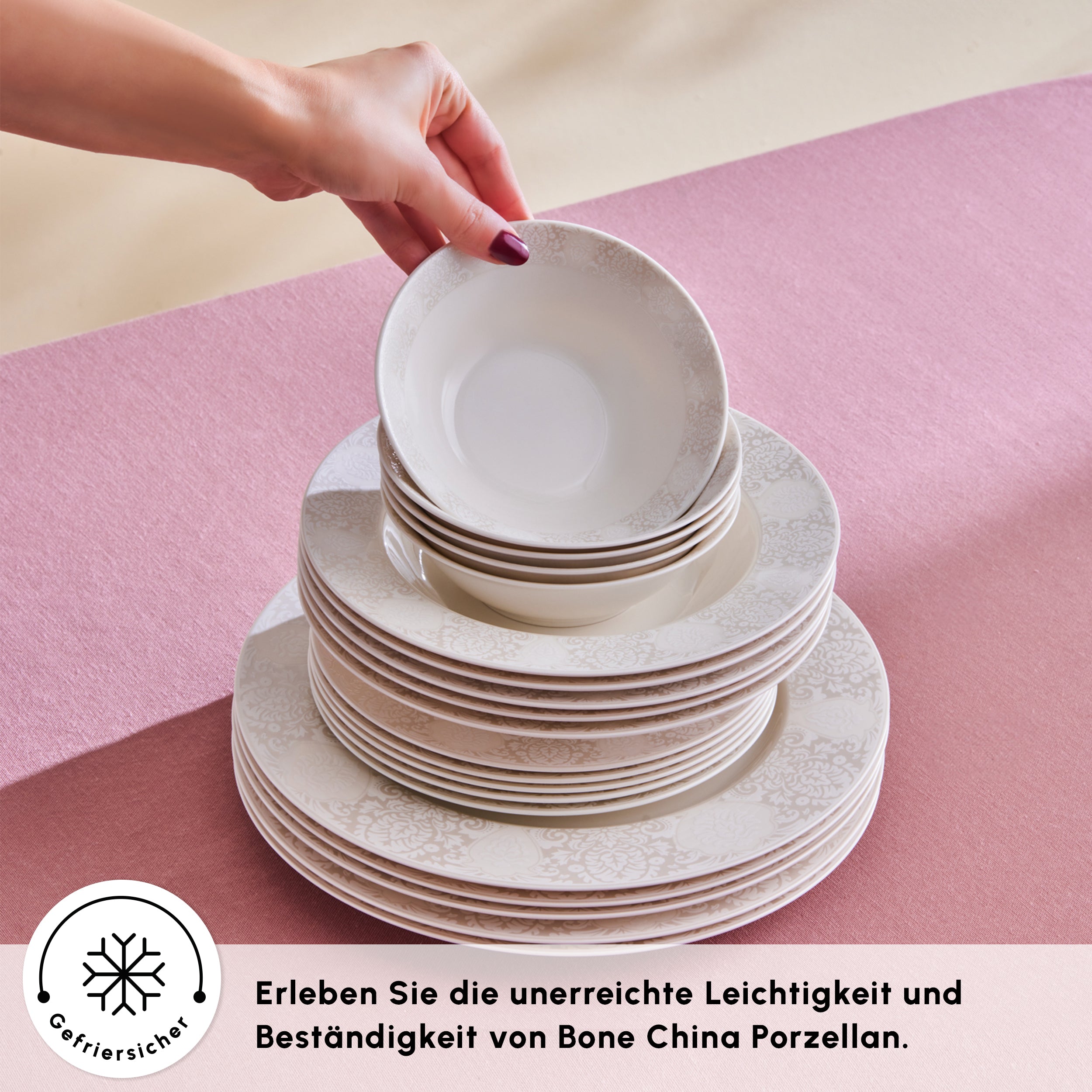 Karaca Forever Bone China New Olio 53-Piece Dinner Set for 12 People,