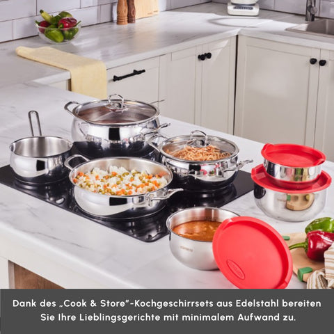 Karaca Induktions Stahl Kochgeschirr Set mit Vorratsbehälter, 13 Teilig