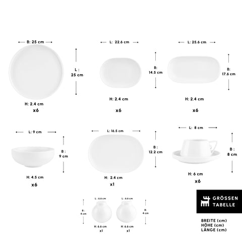 Karaca Stream Bone Meridian 34-teiliges Frühstücksset für 6 Personen – Weiß