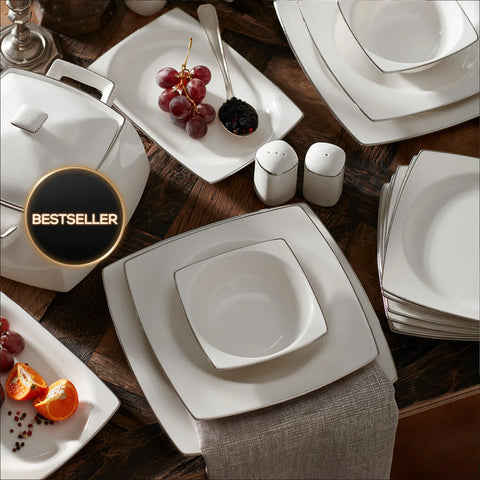 Karaca Talia Cream 60-teiliges Tafelservice für 12 Personen Platin Eck