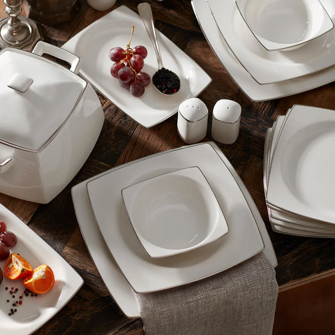 Karaca Talia Cream 60-teiliges Tafelservice für 12 Personen Platin Eck
