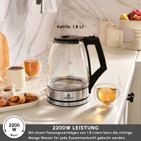 Karaca Glacia Glas Wasserkocher, 2200W, 1,8L, Transparent