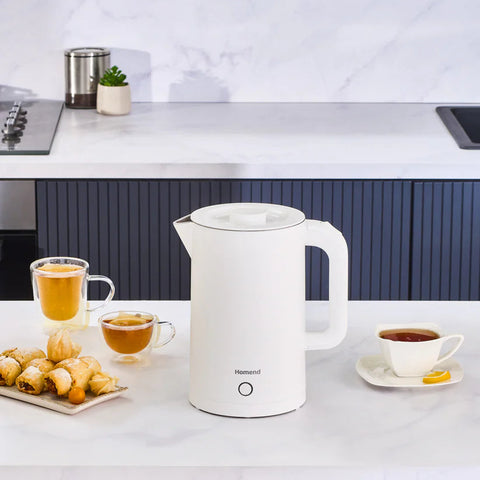 Homend Heatrow Cooltouch Wasserkocher 1,7L – Doppelwand, Leiser Betrieb, Cool-Touch-Gehäuse, Edelstahl, 2200W Schnellkochfunktion, Dreifachschutz, Weiß