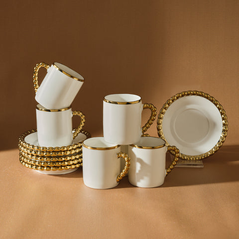 Karaca Boncuk 12-Piece Bone China Espresso Turkish Coffee Cup Set for 6 People, 80 ml, White Gold