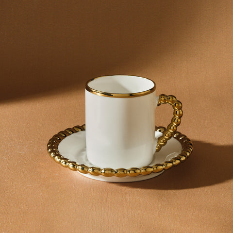 Karaca Boncuk 12-Piece Bone China Espresso Turkish Coffee Cup Set for 6 People, 80 ml, White Gold