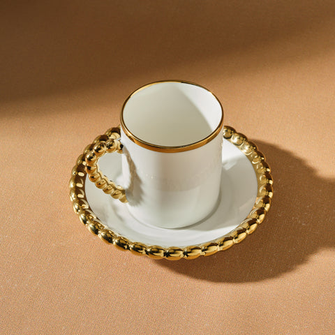 Karaca Boncuk 12-Piece Bone China Espresso Turkish Coffee Cup Set for 6 People, 80 ml, White Gold