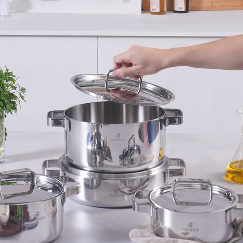 Karaca Powersteel 316+ 3Ply Onyx Edelstahl 8-teiliges Kochset mit Induktionsboden