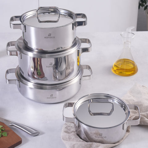 Karaca Powersteel 316+ 3Ply Onyx Edelstahl 8-teiliges Kochset mit Induktionsboden