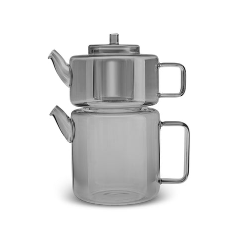 Karaca Flat Midi Borosilicate Glass Teapot Set, Smoke Grey, 1.1 L & 1.8 L