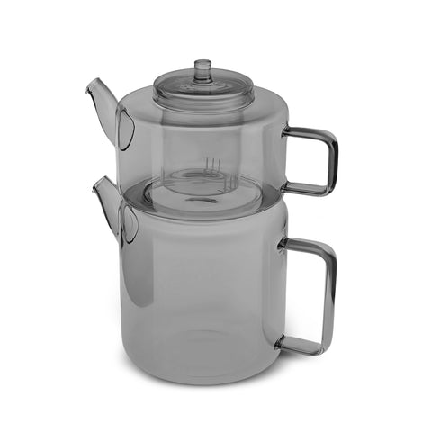 Karaca Flat Midi Borosilicate Glass Teapot Set, Smoke Grey, 1.1 L & 1.8 L
