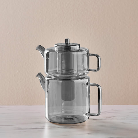 Karaca Flat Midi Borosilicate Glass Teapot Set, Smoke Grey, 1.1 L & 1.8 L