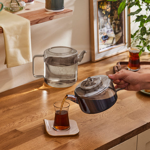 Karaca Flat Midi Borosilicate Glass Teapot Set, Smoke Grey, 1.1 L & 1.8 L