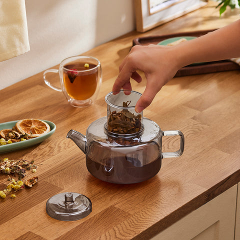 Karaca Flat Midi Borosilicate Glass Teapot Set, Smoke Grey, 1.1 L & 1.8 L