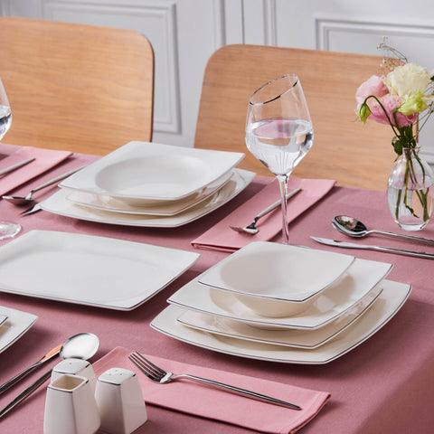 Karaca Square Bone Jamie 53-teiliges Geschirrset für 12 Personen Platin