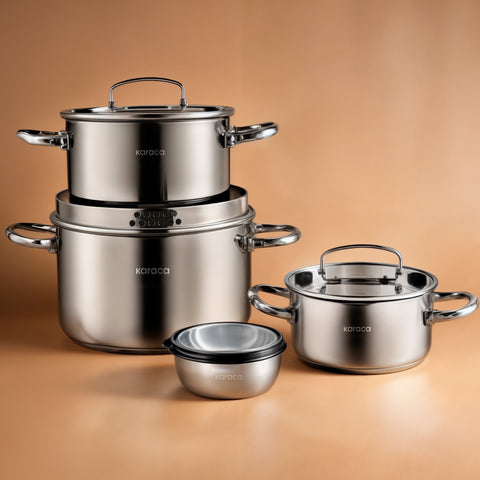 Karaca Burgaz 8-teiliges Edelstahl-Topfset mit Klappgriffen und Induktionsboden