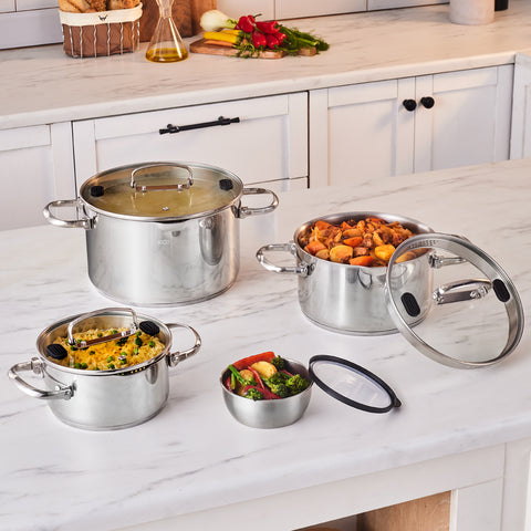 Karaca Burgaz 8-teiliges Edelstahl-Topfset mit Klappgriffen und Induktionsboden