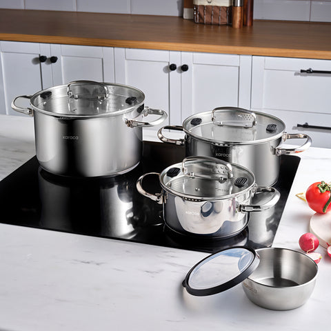 Karaca Burgaz 8-teiliges Edelstahl-Topfset mit Klappgriffen und Induktionsboden