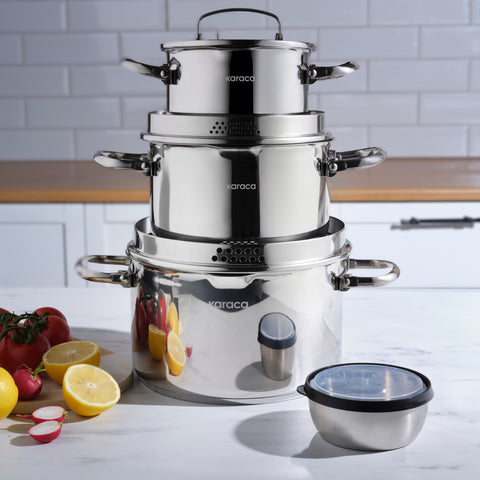 Karaca Burgaz 8-teiliges Edelstahl-Topfset mit Klappgriffen und Induktionsboden