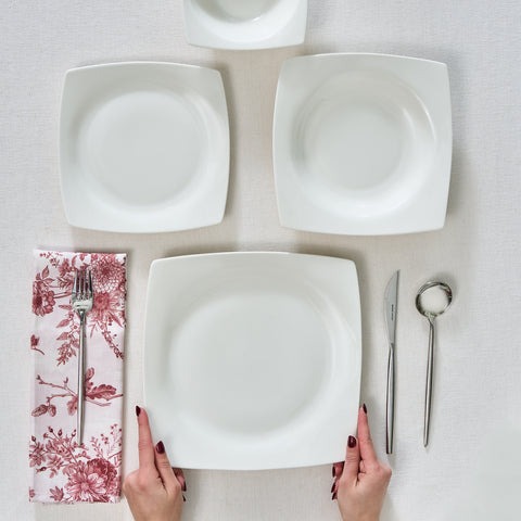 Karaca Square Bone China Mensa 24-teiliges Geschirrset für 6 Personen, Weiß