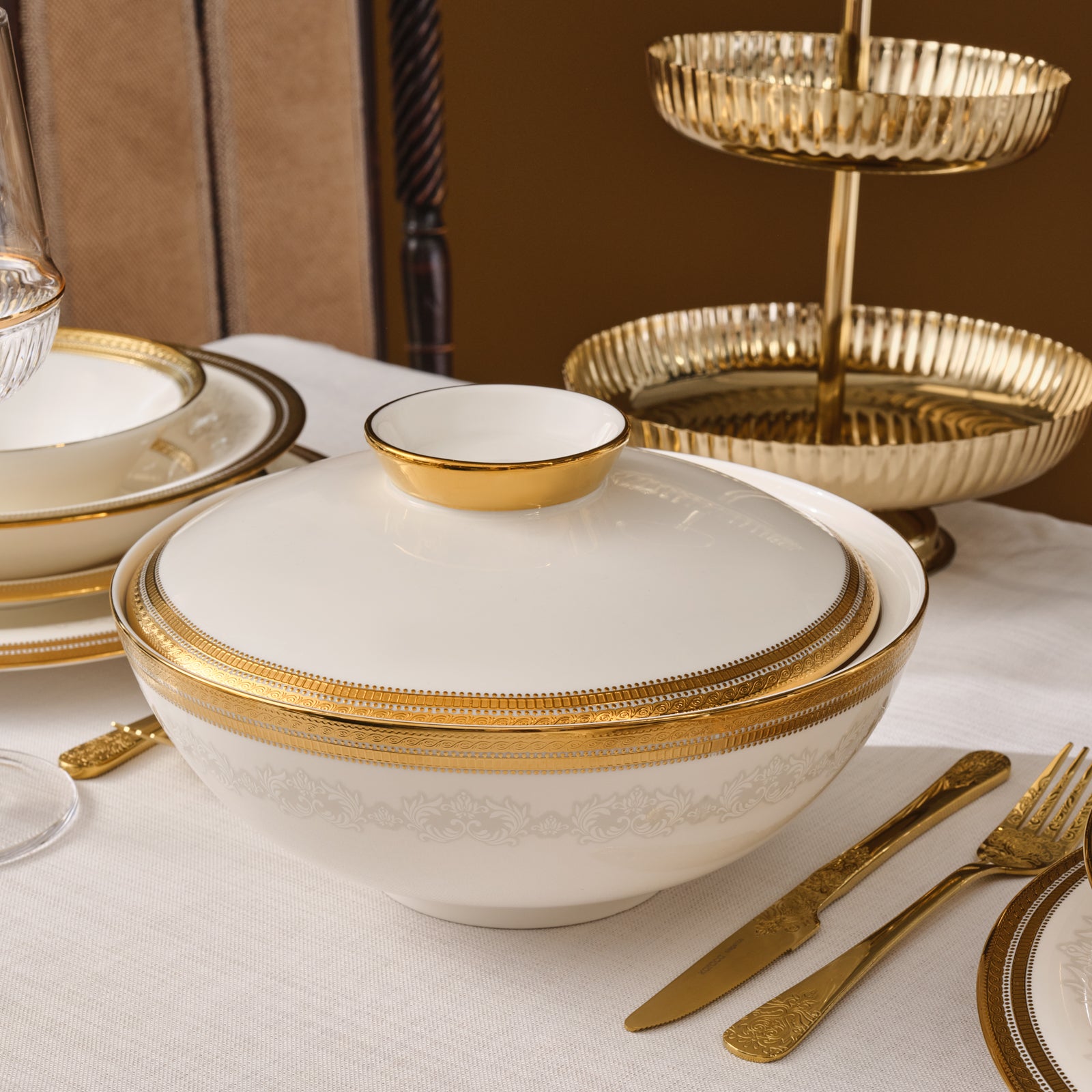 Karaca Royal Bone China Charlotte 55-Piece Dinner Set for 12 People, G