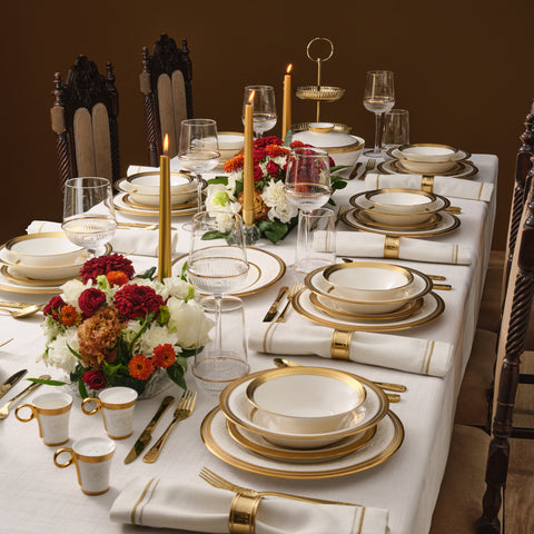 Karaca Royal Bone China Charlotte 55-teiliges Tafelservice für 12 Personen, Gold