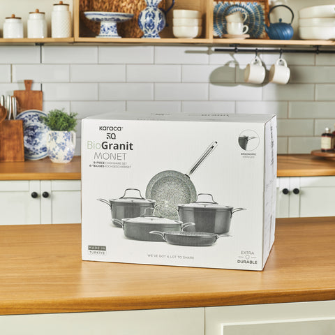 Karaca Biogranit Power-Inox Monet – 8-teiliges Topf- und Pfannenset Schwarz