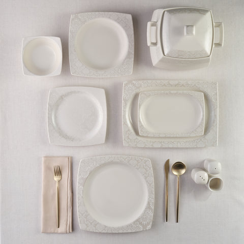 Karaca Square Bone Bridal 60-teiliges Tafelservice für 12 Personen