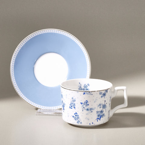 Karaca Jardin 2 Kişilik 4 Parça Bone China Çay Fincanı ve Tabak Seti, 230 ml, Mavi