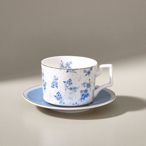 Karaca Jardin 2 Kişilik 4 Parça Bone China Çay Fincanı ve Tabak Seti, 230 ml, Mavi
