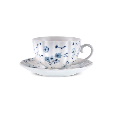 Karaca Blossom 6 Kişilik 12 Parça Bone China Çay Fincanı ve Tabak Seti, 220 ml, Mavi
