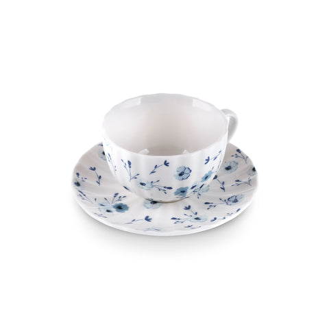 Karaca Blossom 6 Kişilik 12 Parça Bone China Çay Fincanı ve Tabak Seti, 220 ml, Mavi