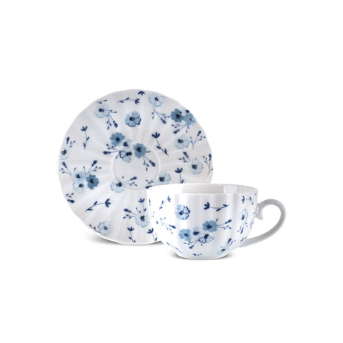 Karaca Blossom 6 Kişilik 12 Parça Bone China Çay Fincanı ve Tabak Seti, 220 ml, Mavi