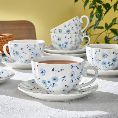 Karaca Blossom 6 Kişilik 12 Parça Bone China Çay Fincanı ve Tabak Seti, 220 ml, Mavi