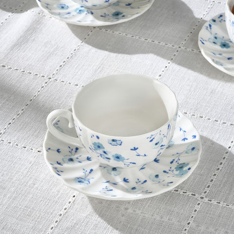 Karaca Blossom 6 Kişilik 12 Parça Bone China Çay Fincanı ve Tabak Seti, 220 ml, Mavi