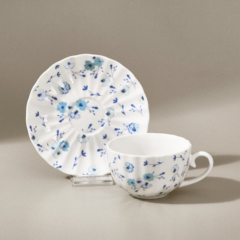 Karaca Blossom 6 Kişilik 12 Parça Bone China Çay Fincanı ve Tabak Seti, 220 ml, Mavi