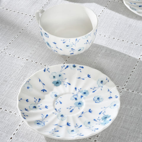 Karaca Blossom 6 Kişilik 12 Parça Bone China Çay Fincanı ve Tabak Seti, 220 ml, Mavi