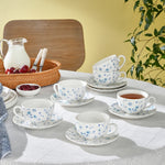 Karaca Blossom 6 Kişilik 12 Parça Bone China Çay Fincanı ve Tabak Seti, 220 ml, Mavi