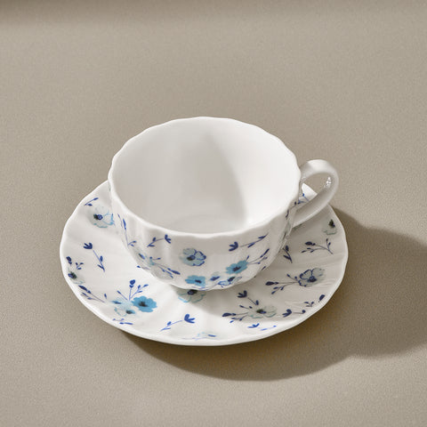 Karaca Blossom 6 Kişilik 12 Parça Bone China Çay Fincanı ve Tabak Seti, 220 ml, Mavi