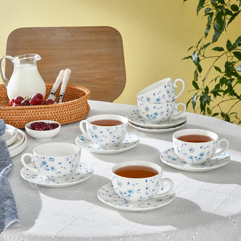 Karaca Blossom 6 Kişilik 12 Parça Bone China Çay Fincanı ve Tabak Seti, 220 ml, Mavi