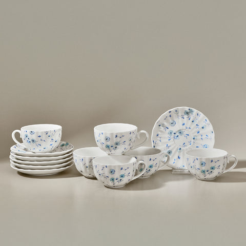 Karaca Blossom 6 Kişilik 12 Parça Bone China Çay Fincanı ve Tabak Seti, 220 ml, Mavi