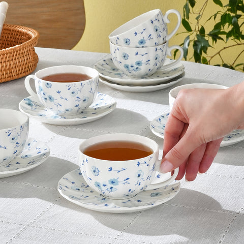 Karaca Blossom 6 Kişilik 12 Parça Bone China Çay Fincanı ve Tabak Seti, 220 ml, Mavi