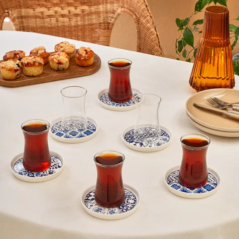 Karaca Portela 12-Piece Bone China Turkish Tea Set for 6 People, 170ml, Multi