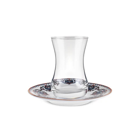 Karaca Nakkas 12-Piece Bone China Turkish Tea Set for 6 People, 130ml, Red